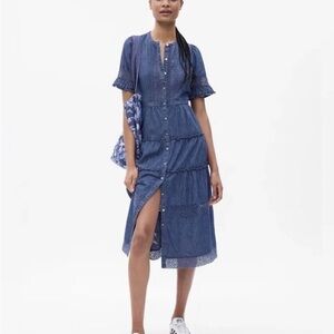 Gap LoveShackFancy Denim Tiered Midi Dress Dark Wash Chambray Dress